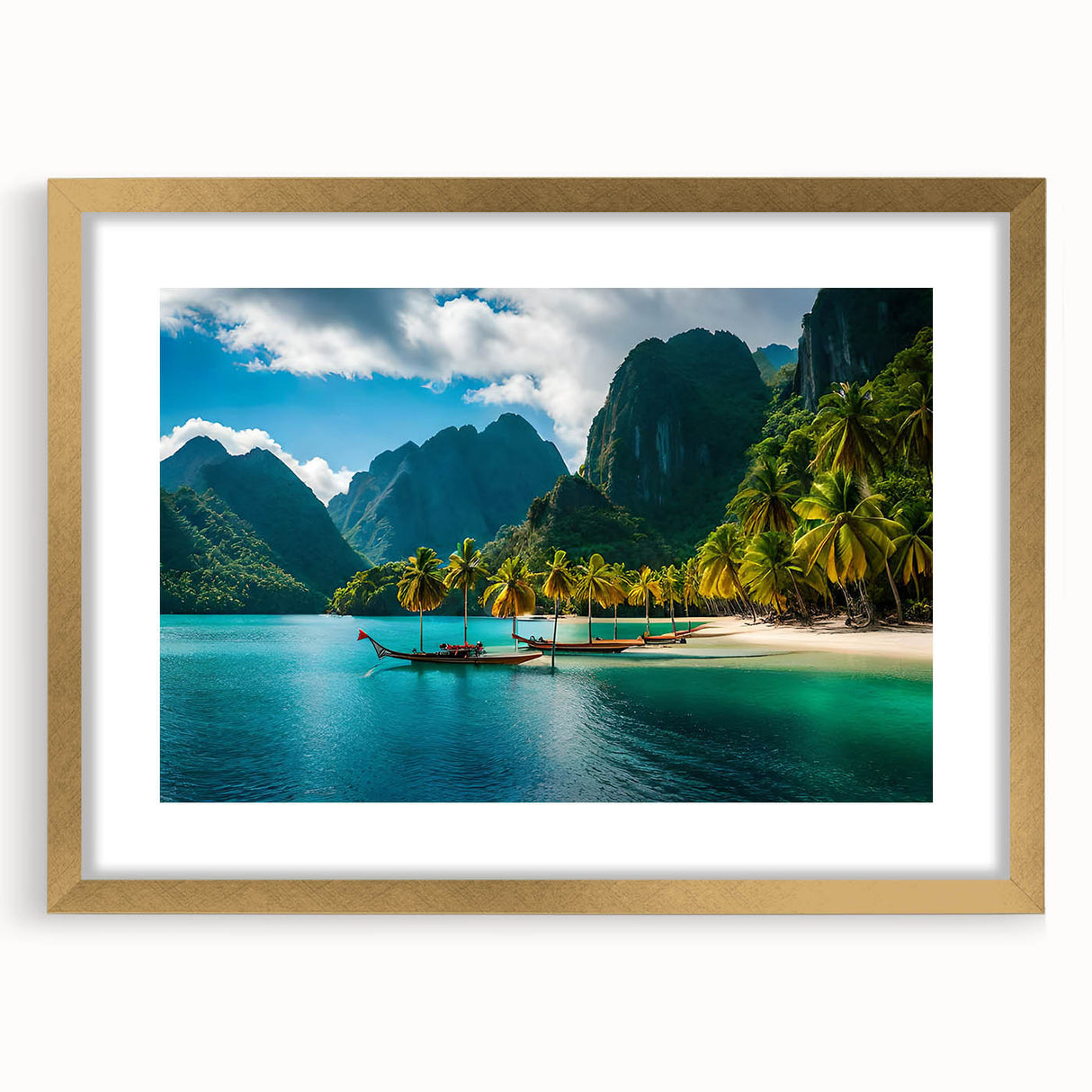 Extra large abstract art print featuring textured scenery of the Philippines in muted earth tones, framed in gold.