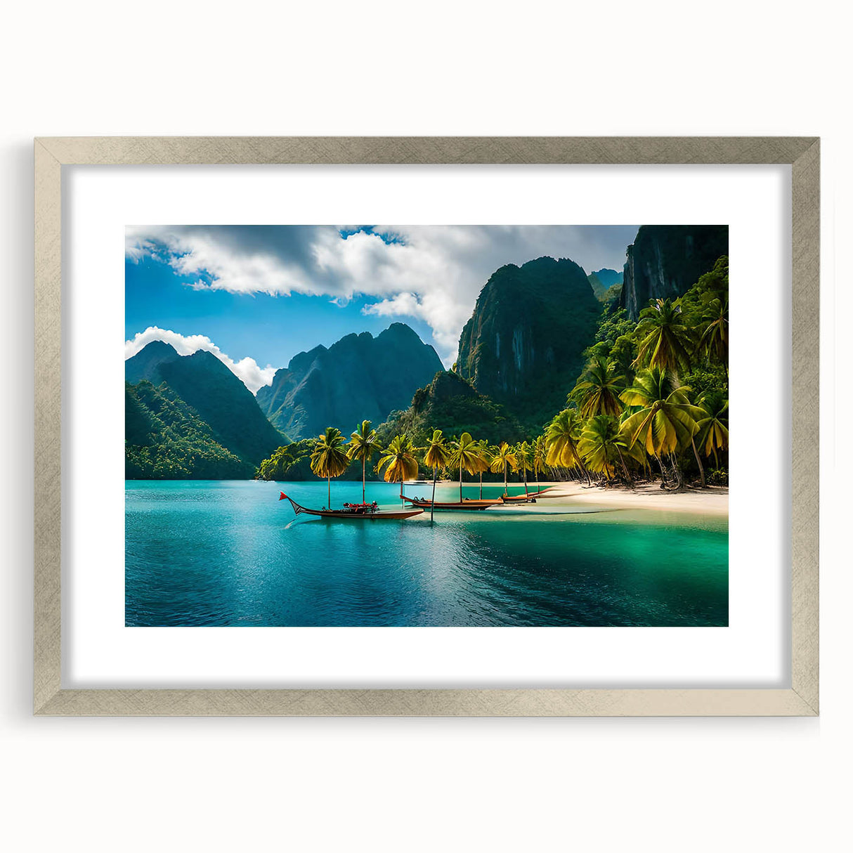 Textured abstract art print of a serene Philippine landscape in muted earth tones, framed in silver, ideal for bedroom art.