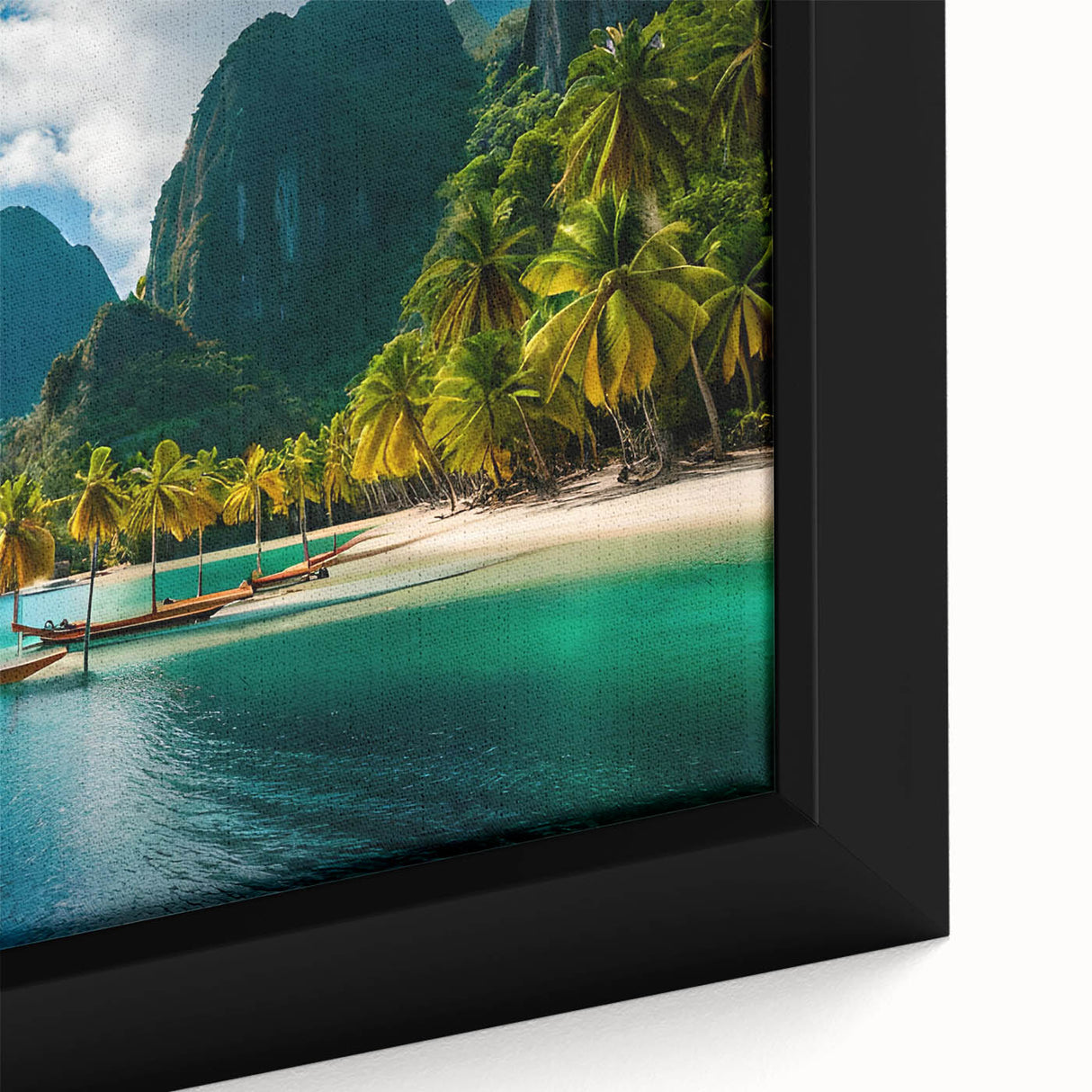 Close-up of extra large black wall art featuring a textured, colorful Philippine scenery on framed canvas.