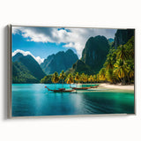 Framed canvas depicting a colorful Philippine landscape in vintage poster style, ideal for enhancing living room decor.