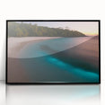 Large abstract wall art depicting a Caribbean scenery in vibrant blue and green tones on a framed acrylic.