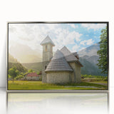 Large art print of a European Albanian scenery in muted earth tones, framed in silver acrylic.