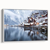 Vintage poster art of a scenic European village in colorful hues, displayed on a large framed canvas.