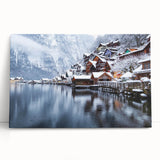 Black and white photo of Austrian landscape on stretched canvas, ideal for kitchen wall art.