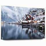 Acrylic print of a European landscape in muted green and blue tones, ideal for dining room decor.