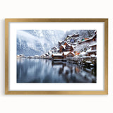 Extra large abstract art print of a European scenery in muted earth tones on a textured canvas, framed in gold.