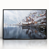 Large abstract wall art depicting a European scenery in Austria, with muted earth tones, framed in black acrylic.