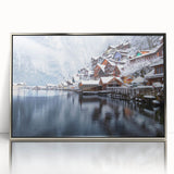 Mid-century modernist art depicting a scenic Austrian landscape in muted earth tones on a silver-framed acrylic print.