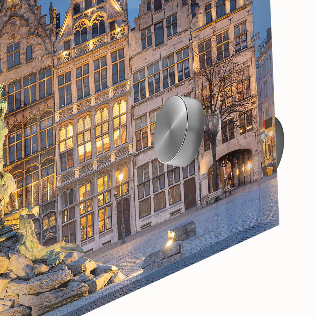 Large abstract wall art of a European scenery in muted earth tones on acrylic glass, suitable for dining room decor.