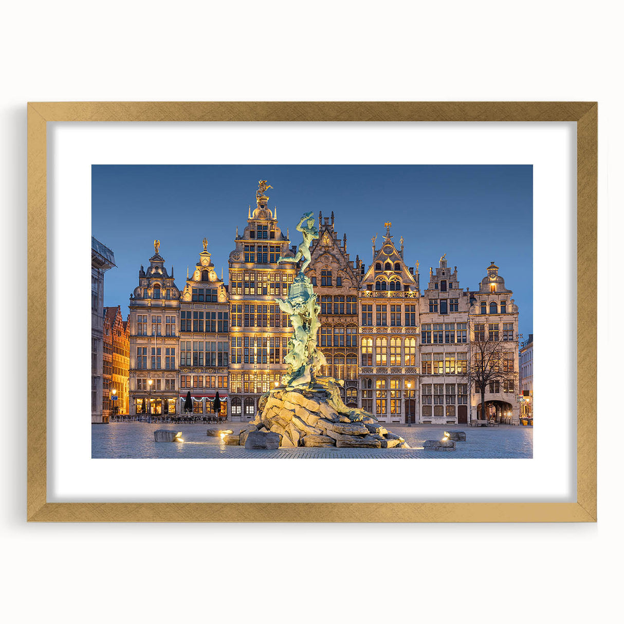 Abstract art print of a European landscape in muted earth tones, framed in gold, suitable for dining room decor.