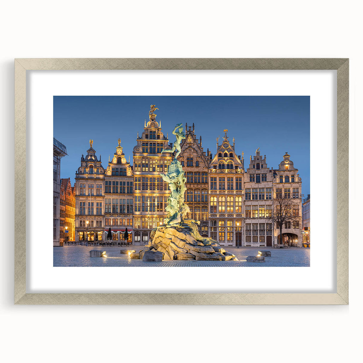 Extra large wall art featuring an abstract textured depiction of a European scenery in muted earth tones, framed in silver.