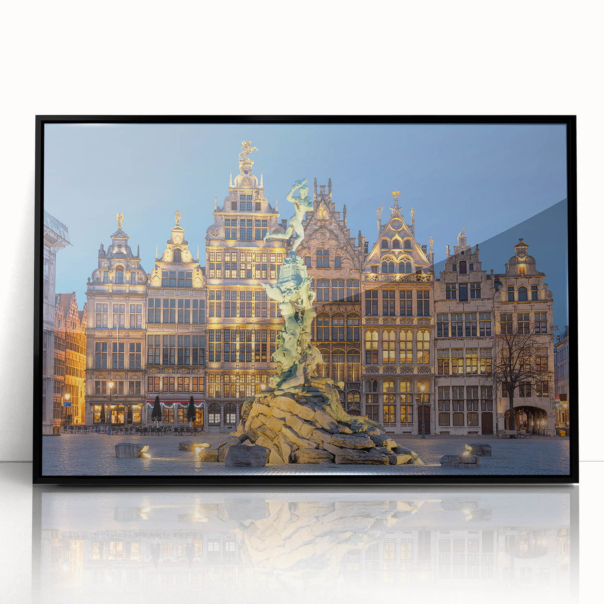 Large abstract wall art depicting a European scenery in muted earth tones on a framed acrylic.