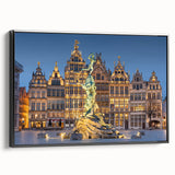 Black and white vintage poster art of a European landscape on framed canvas, suitable for bedroom decor.
