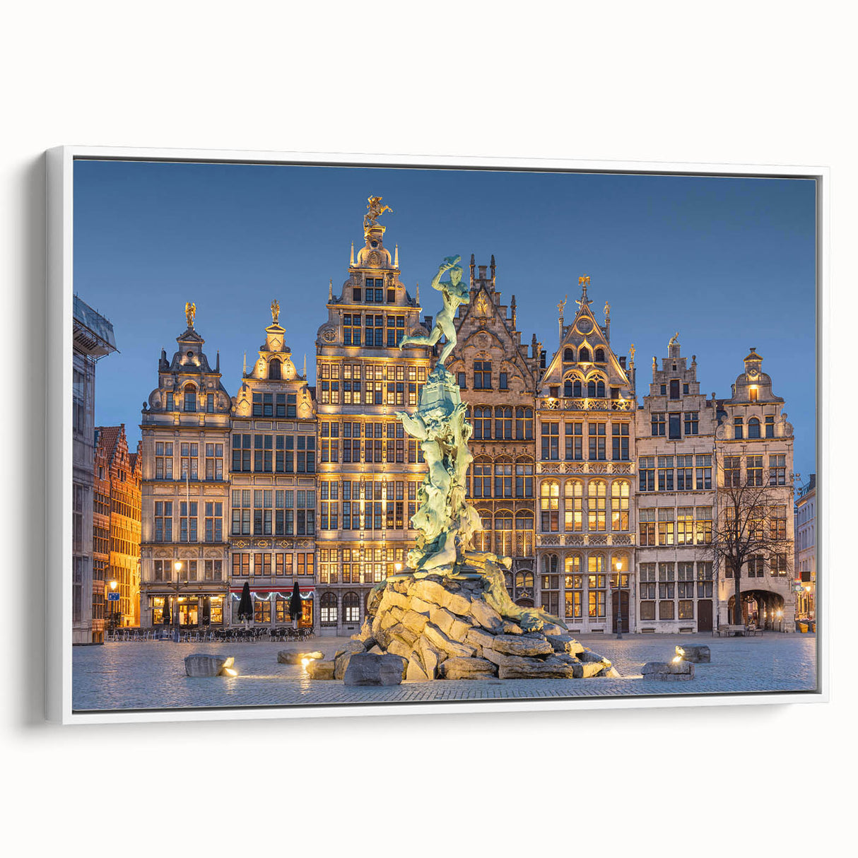Vintage poster art of a European Belgian scenery in vibrant colors on a large framed canvas, ideal for living room decor.