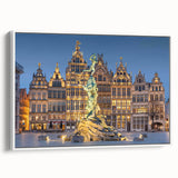 Vintage poster art of a European Belgian scenery in vibrant colors on a large framed canvas, ideal for living room decor.