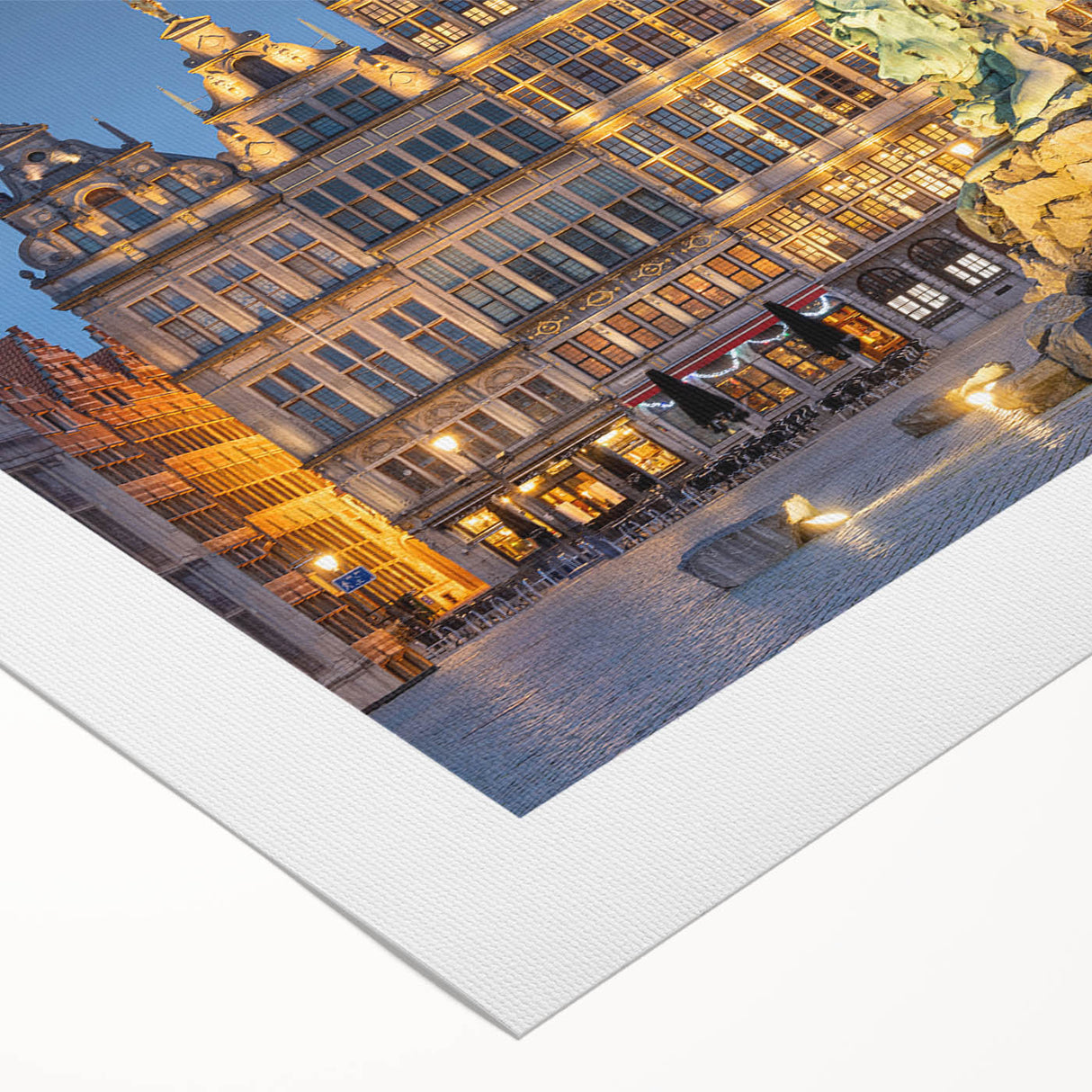 Art deco poster of a European scenery in muted earth tones on rolled canvas, suited for dining room wall art.