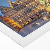 Art deco poster of a European scenery in muted earth tones on rolled canvas, suited for dining room wall art.