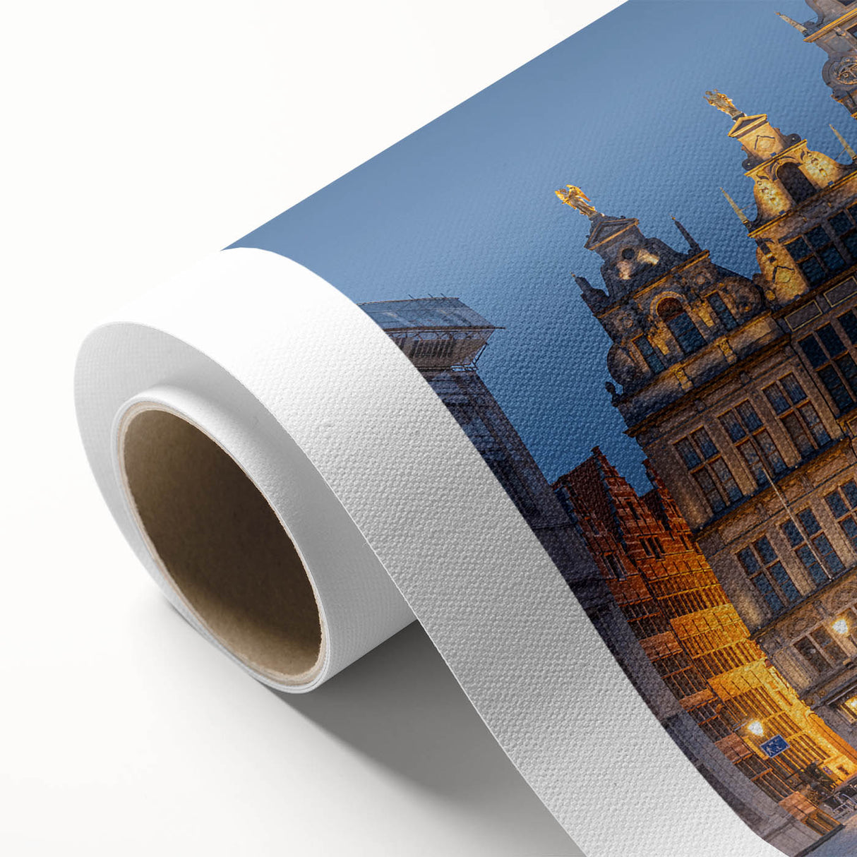Art Deco style poster featuring a serene Belgian landscape in muted green and blue tones on rolled canvas.