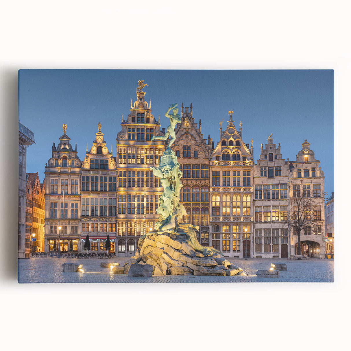 Black and white photographic print of a European cityscape on stretched canvas.