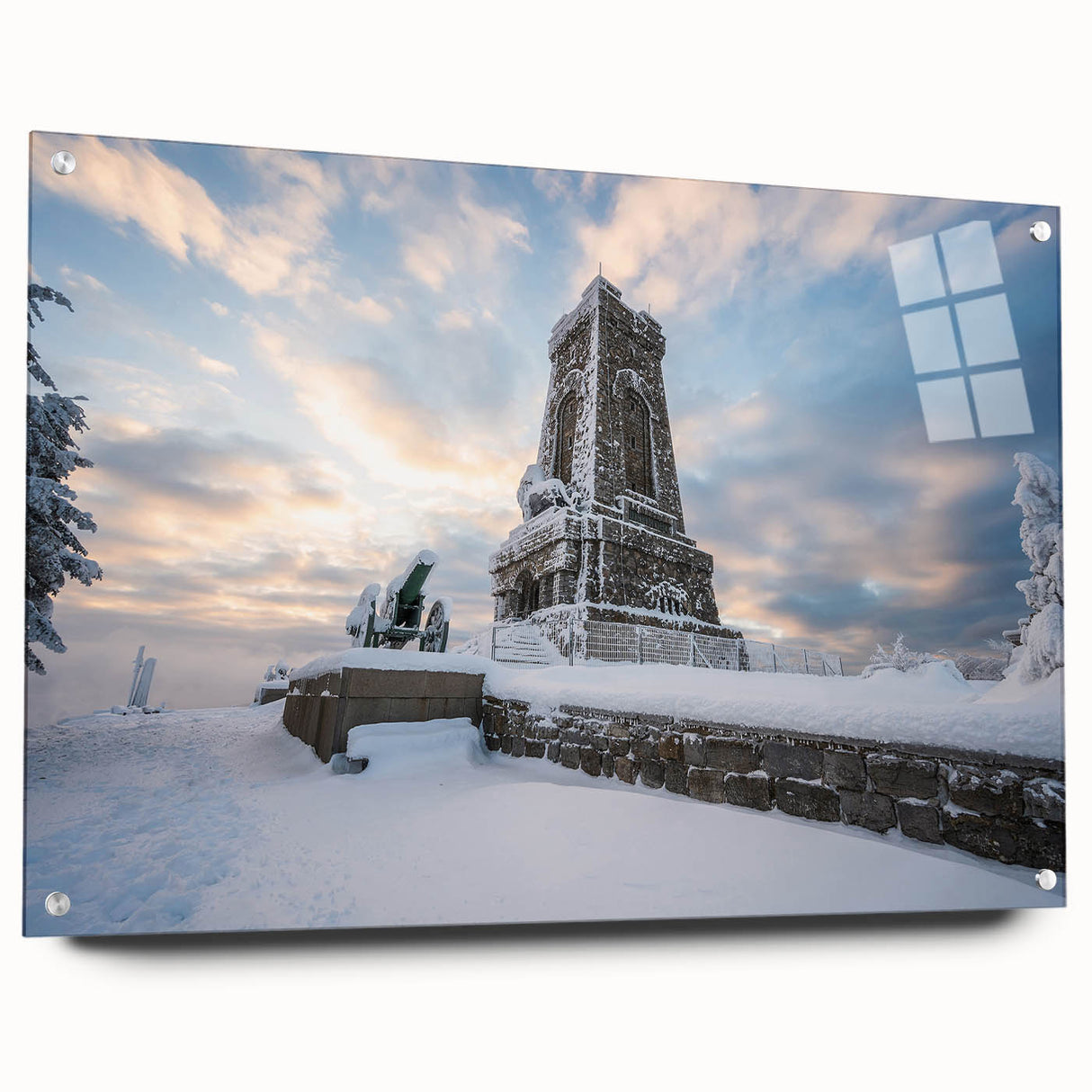 Large abstract wall art on acrylic glass depicting a European scenery, ideal for bedroom or dining room decor.