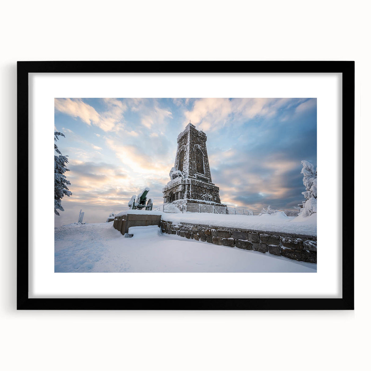 Extra large abstract art print of colorful European scenery on textured canvas, framed in black, ideal for living room decor.