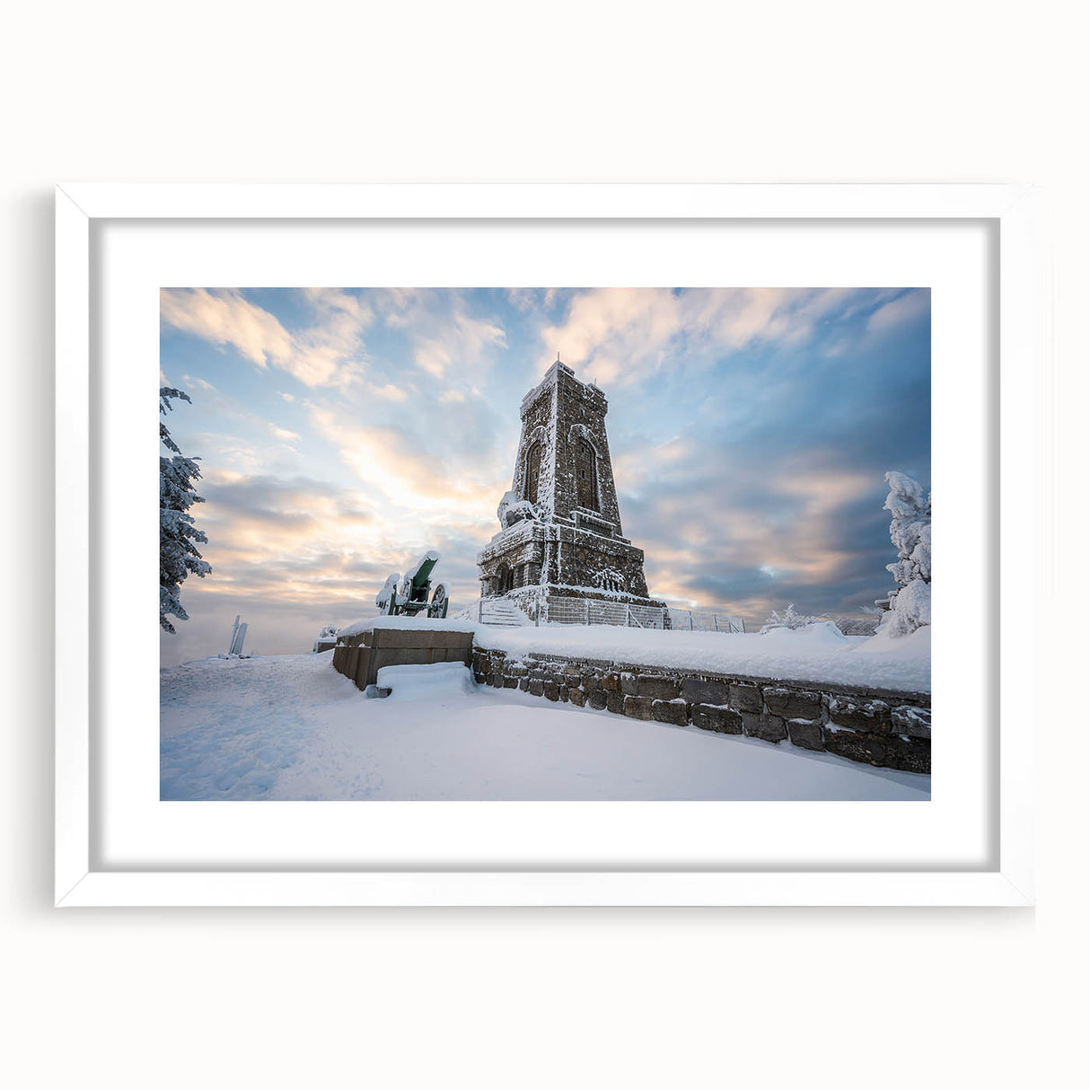 Textured art print of abstract European scenery in muted earth tones, framed with a white mat, suitable for bedroom decor.
