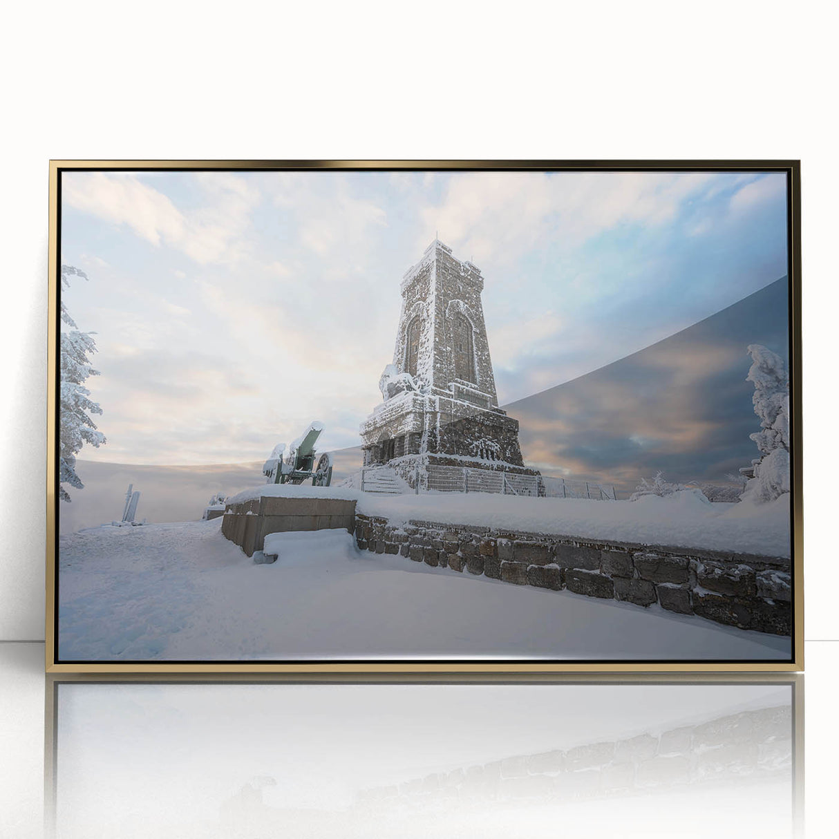 Art deco poster of a European scenery in Bulgaria, framed in gold acrylic, ideal for modern art wall decor.