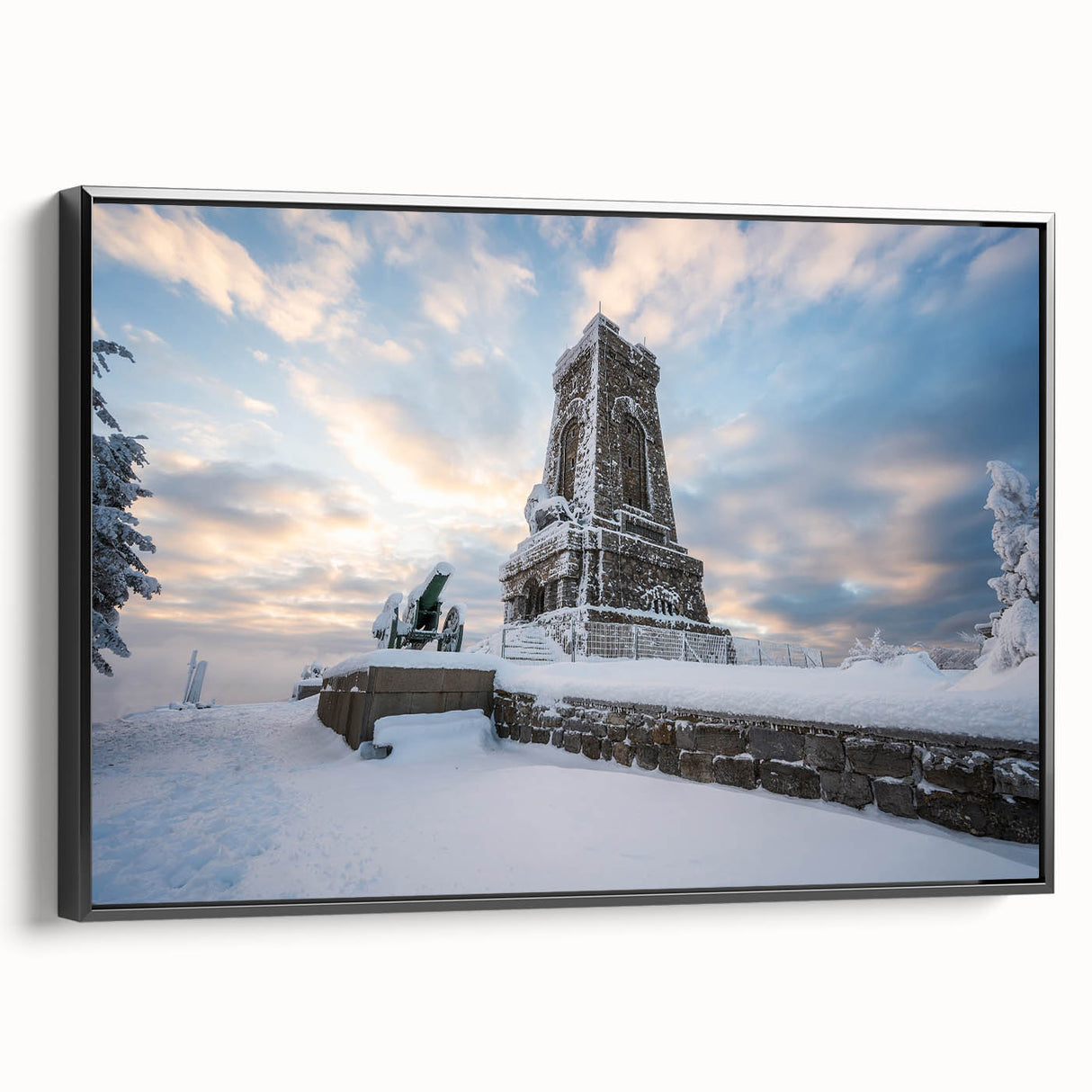 Black and white framed canvas of a Bulgarian landscape, ideal for bedroom wall art.