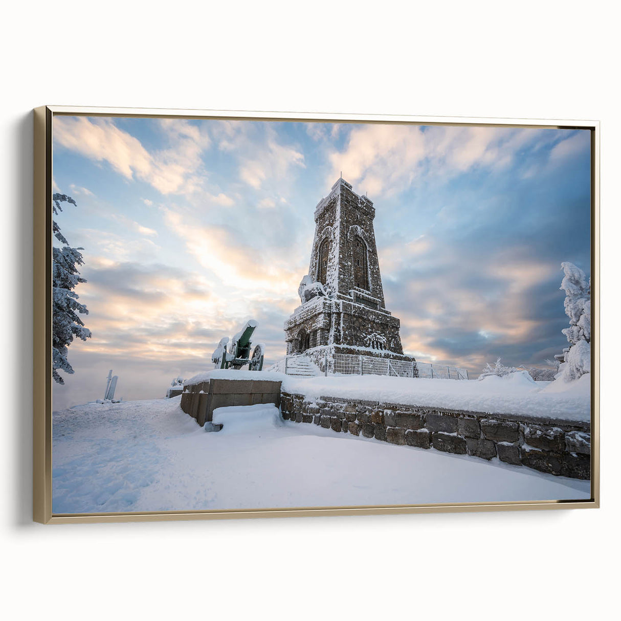 Framed canvas of a vintage Bulgarian landscape in muted gold and black, ideal for bedroom wall art.
