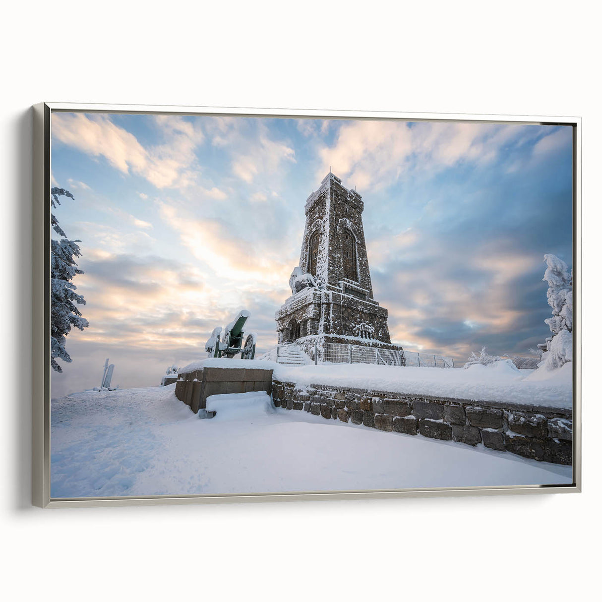 Framed canvas of a vintage-style Bulgarian landscape in vibrant colors, ideal for enhancing a living room's decor.