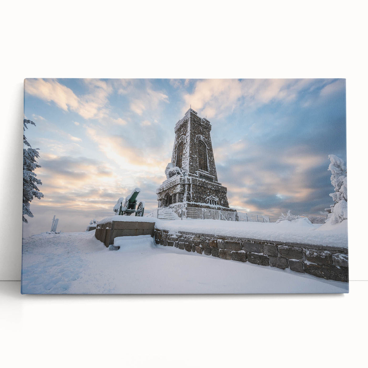 Black and white stretched canvas depicting a serene Bulgarian landscape, ideal for kitchen wall art.