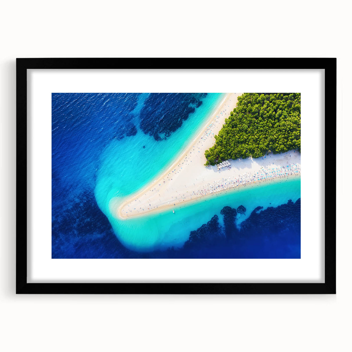 Extra large abstract art print of a vibrant Croatian landscape on textured canvas, framed in black.