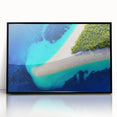 Large abstract wall art featuring a European Croatian coastline in muted blues and greens on a framed acrylic.