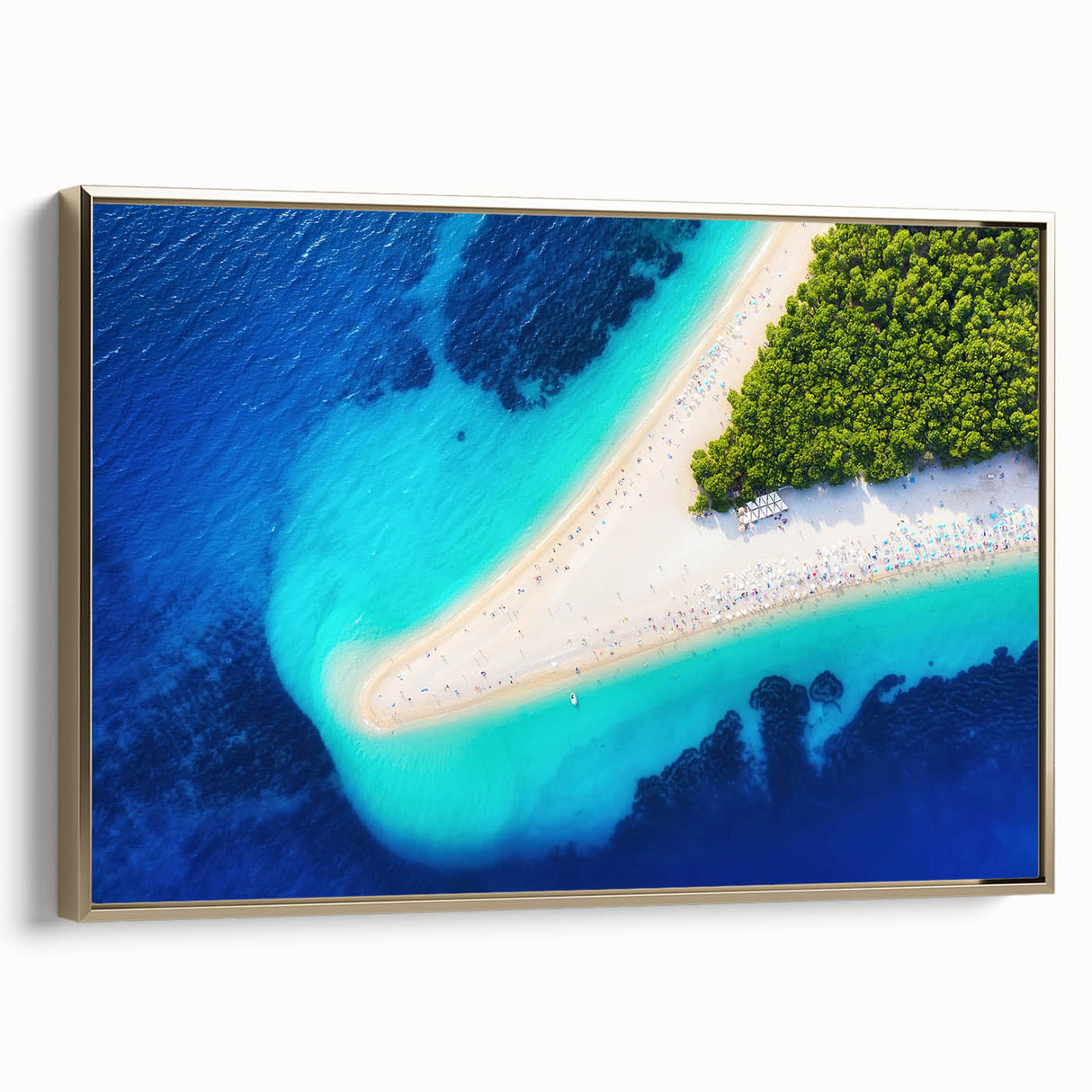 Framed canvas depicting a vintage-style Croatian landscape in muted gold and black tones, ideal for bedroom wall art.