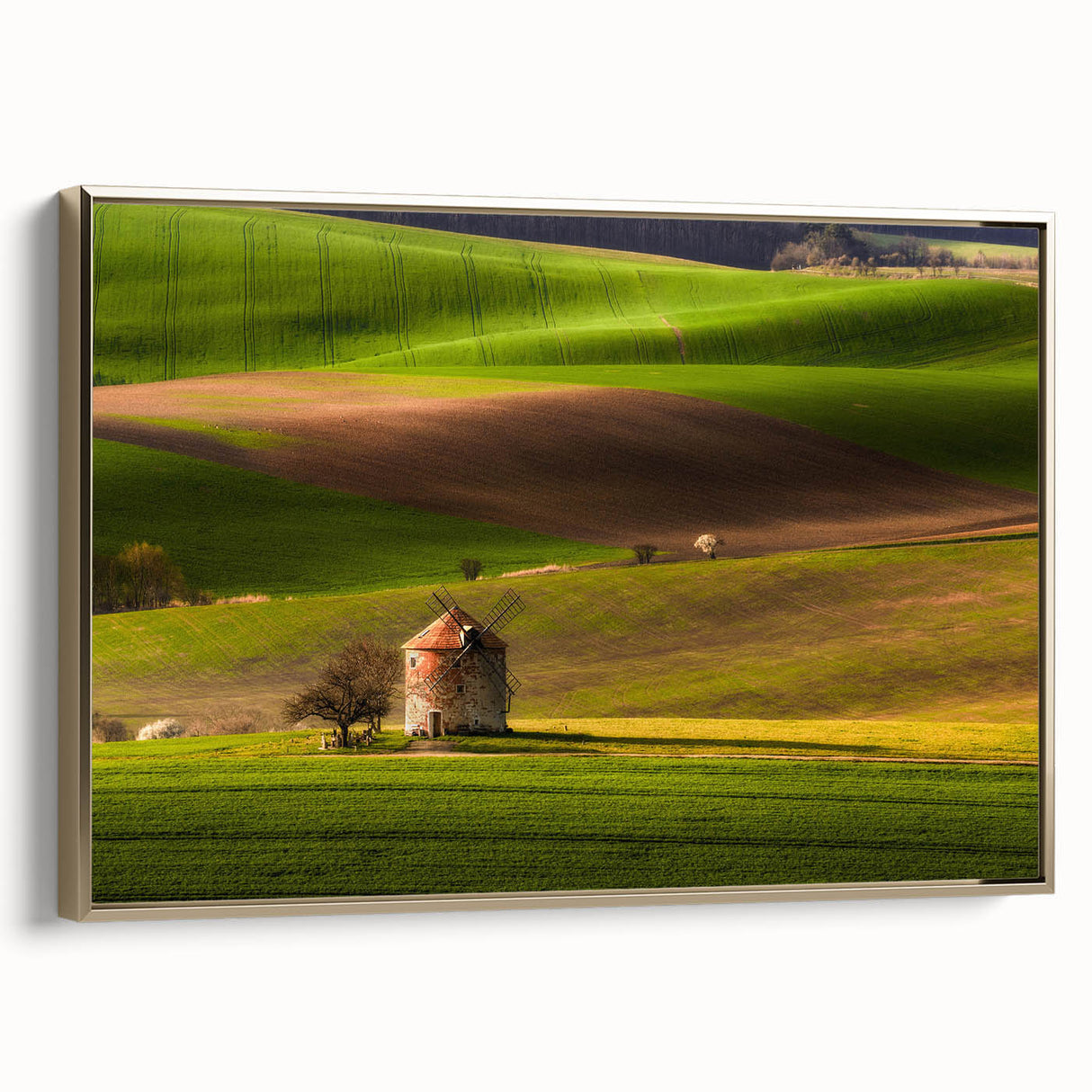 Framed canvas of a vintage-style Czech Republic landscape in muted earth tones, ideal for bedroom wall art.