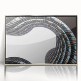 Large art print of a serene Danish landscape in muted green and blue tones, framed in silver acrylic.