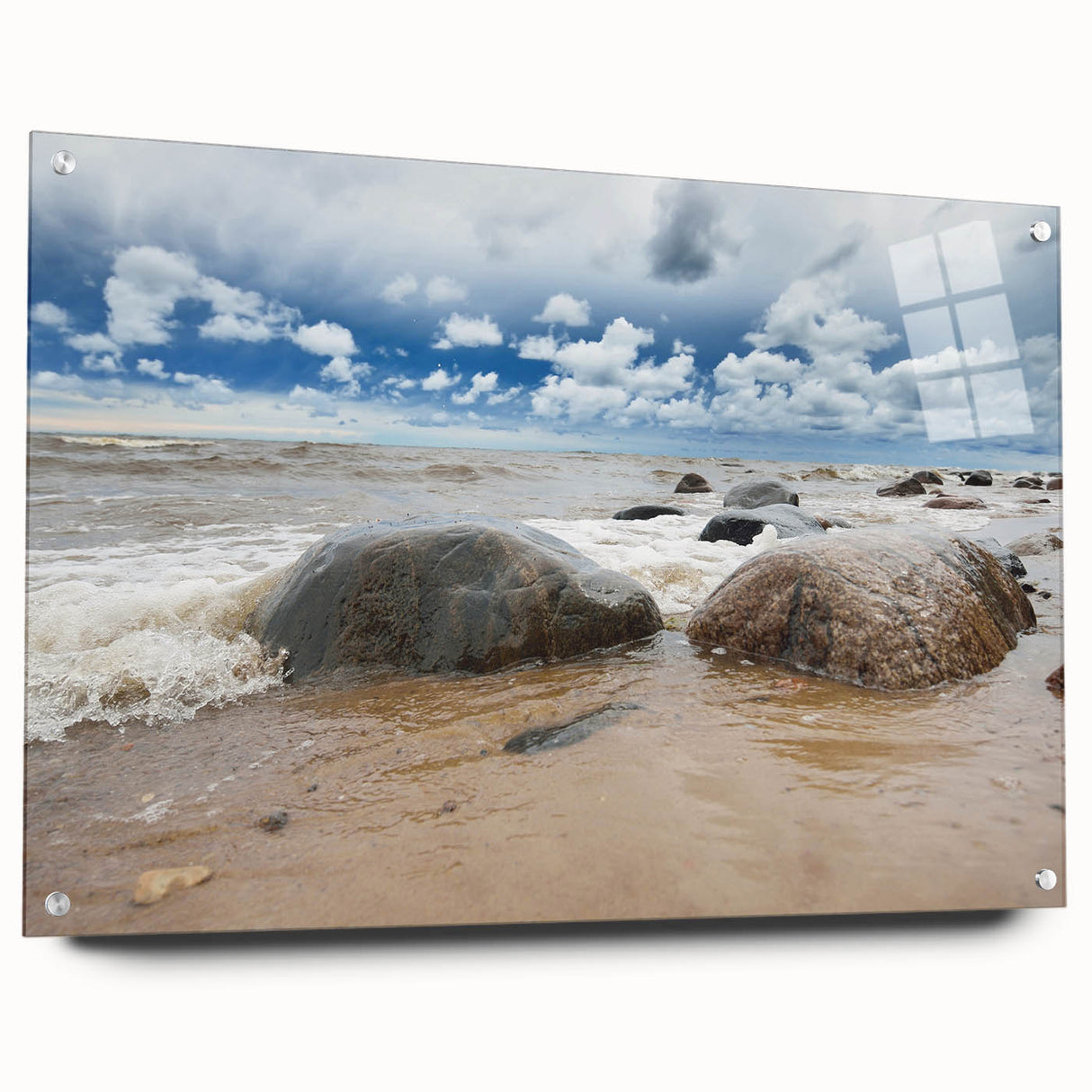 Large abstract wall art on acrylic glass depicting a European Estonian landscape, in muted earth tones.