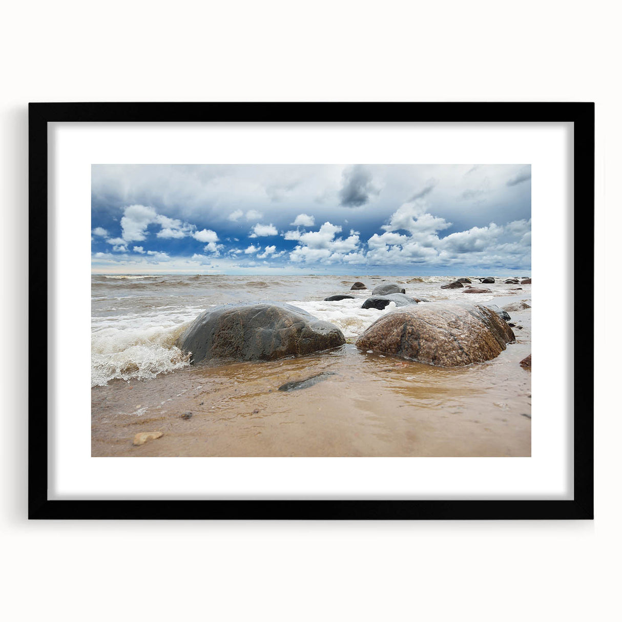 Extra large abstract art print with vibrant, colorful textures, framed in black, suited for living room decor.