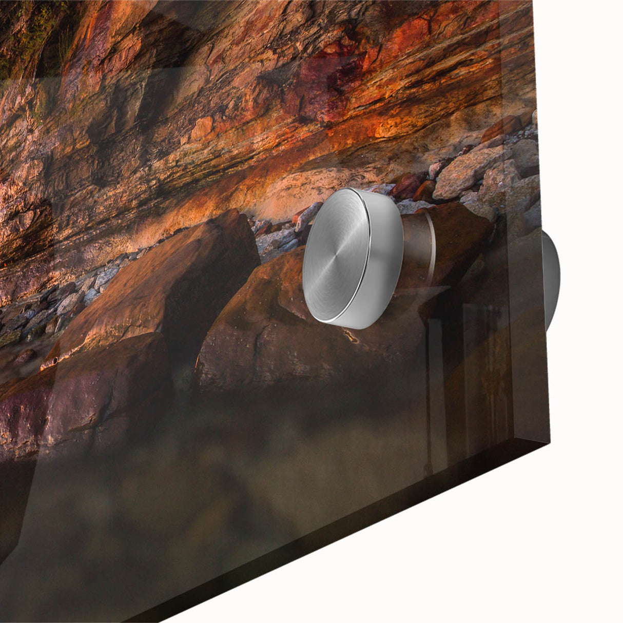 Large abstract wall art depicting a serene Finnish landscape in muted earth tones on acrylic glass.