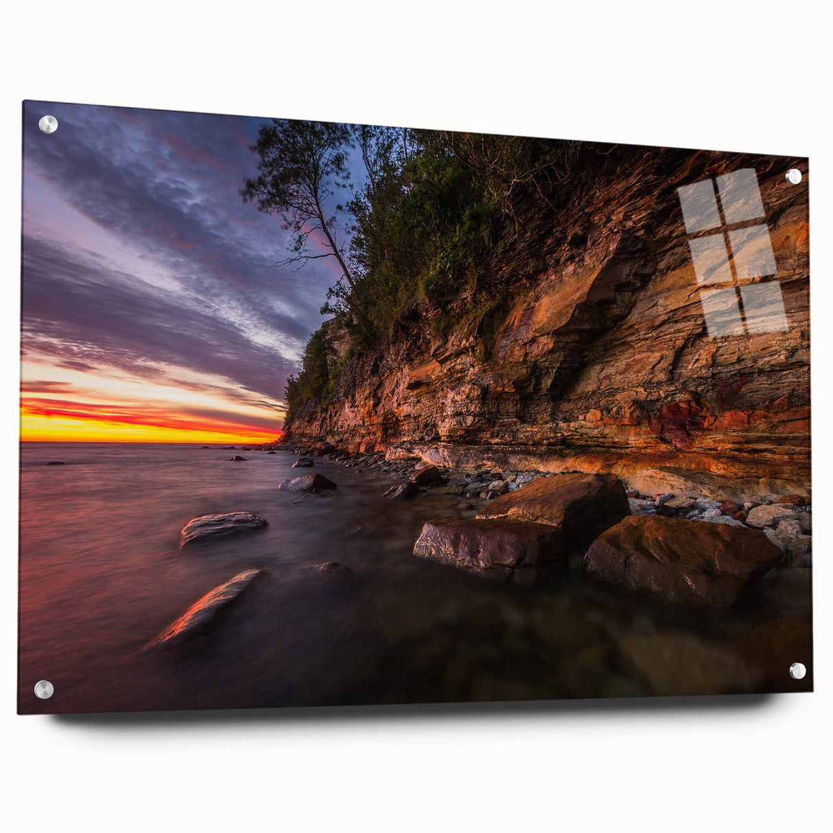 Acrylic print of a serene Finnish landscape in muted blues and greens, ideal for dining room art.