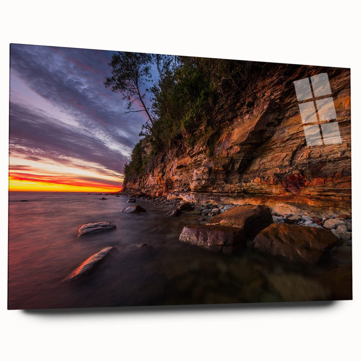 Large abstract wall art of a serene Finnish landscape in cool blue and gray tones, acrylic print.