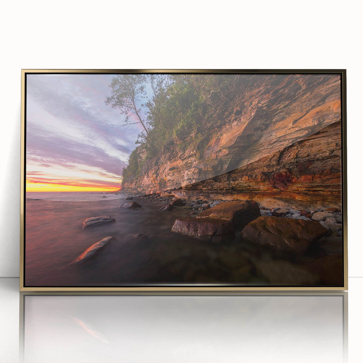 Art deco poster of a serene Finnish landscape in muted gold and blue tones, acrylic print, ideal for nursery wall art.