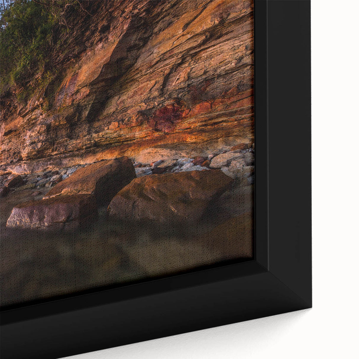 Extra large framed canvas depicting a textured, colorful Finnish landscape in black with vibrant accents.