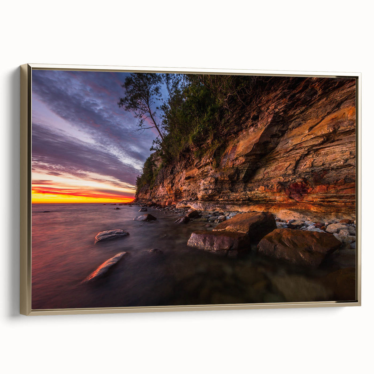 Framed canvas depicting a serene Finnish landscape in muted earth tones, ideal for bedroom wall art.