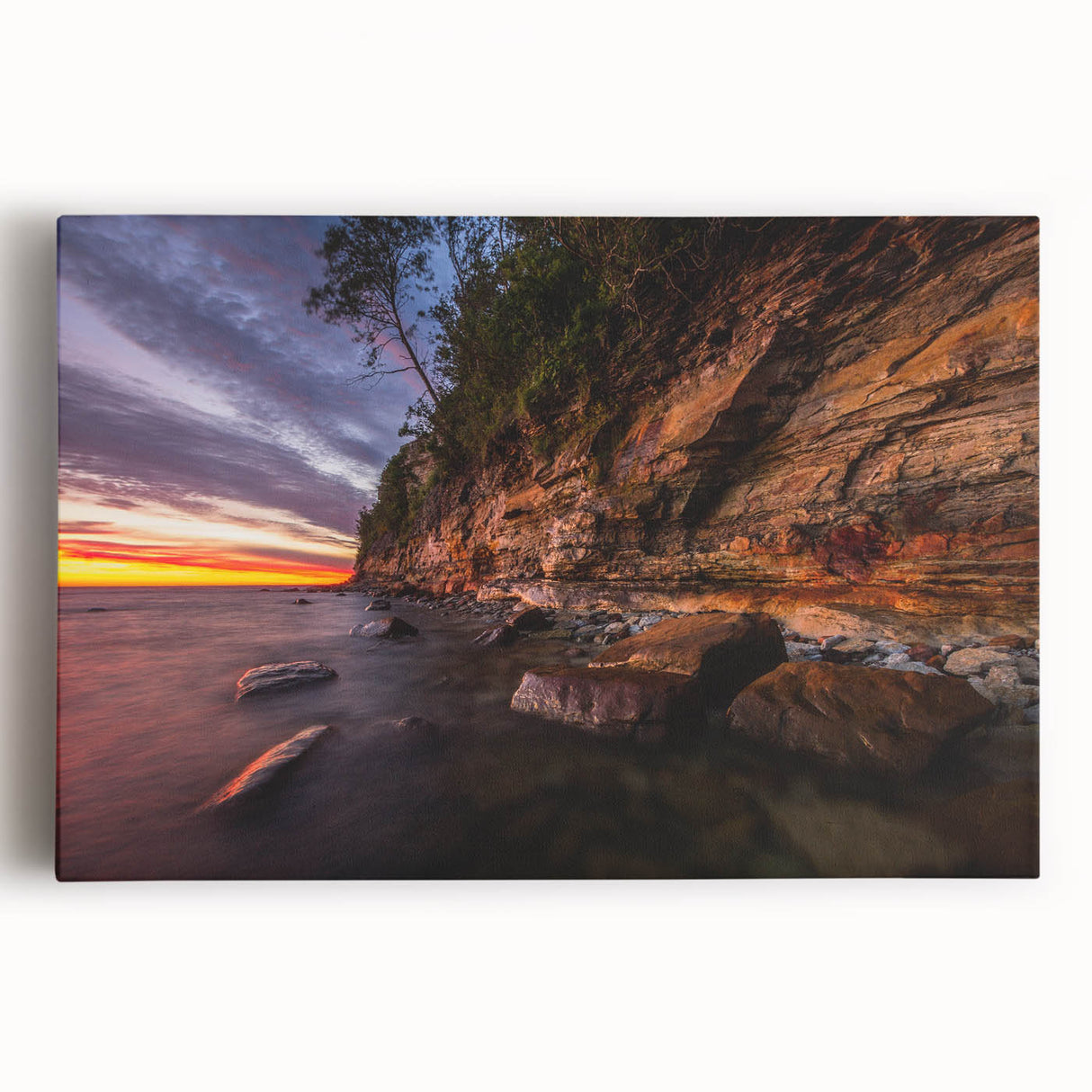 Black and white photograph of a serene Finnish landscape on large stretched canvas, ideal for kitchen wall art.