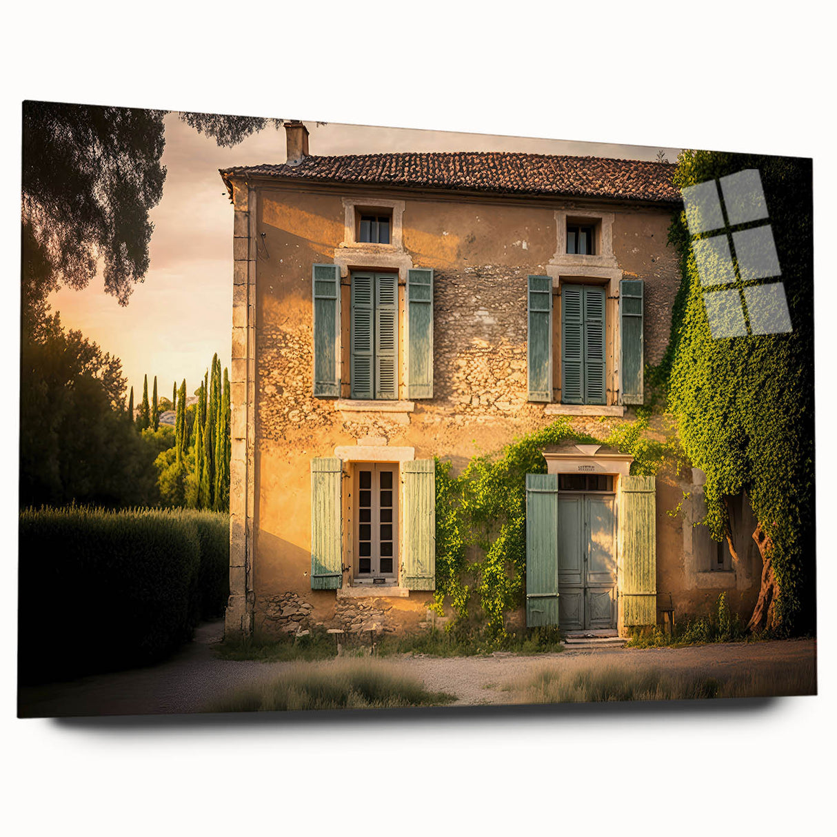 Large abstract depiction of a Southern France landscape in muted earth tones on acrylic glass.