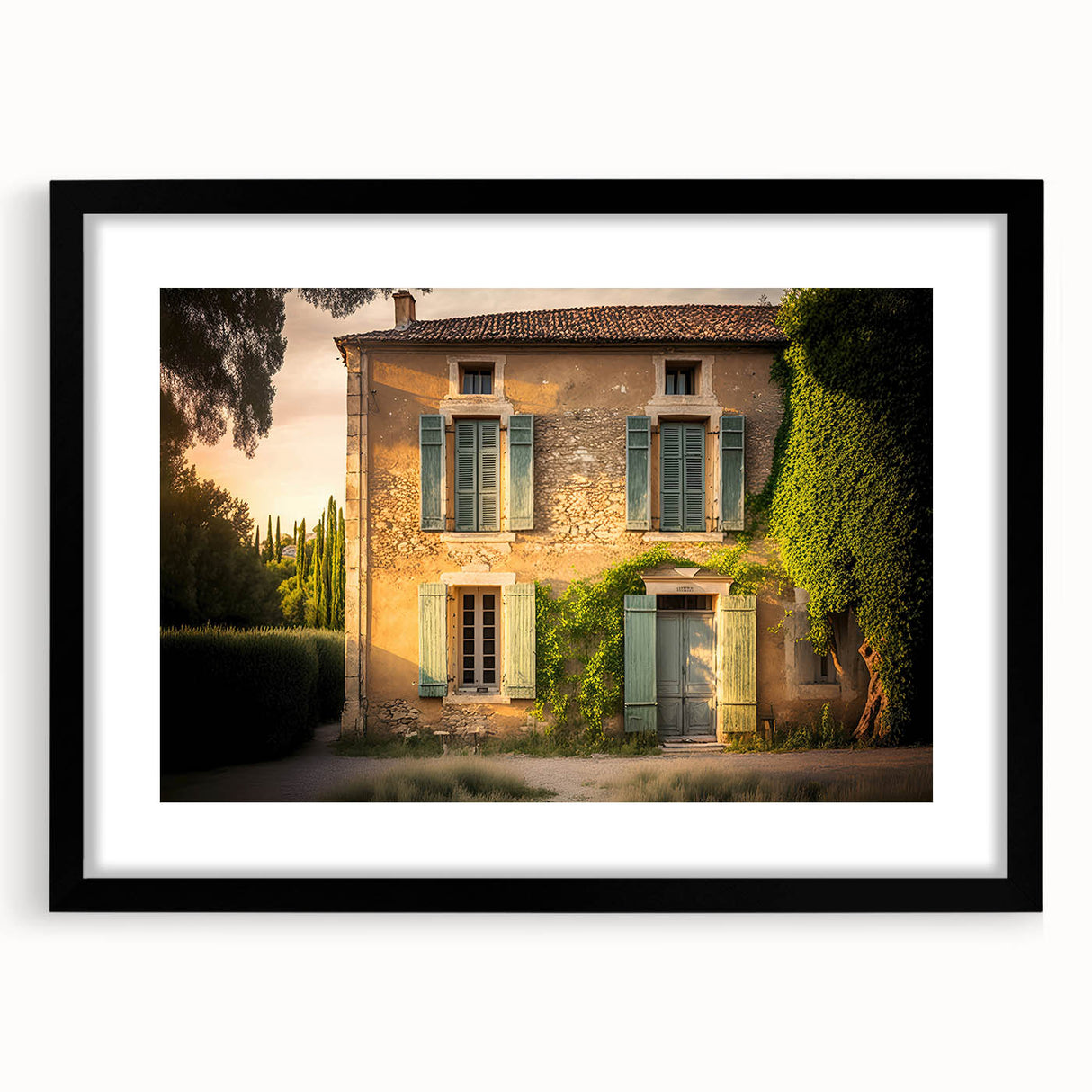 Extra large abstract art print featuring vibrant, colorful scenery of Southern France on a textured canvas, framed in black.