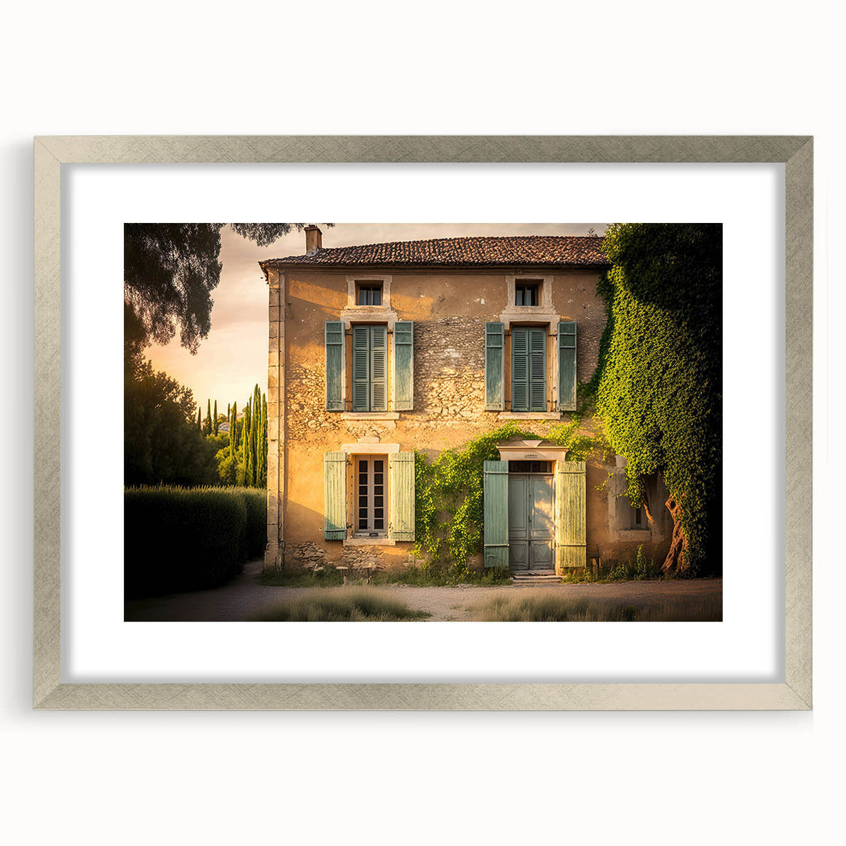 Extra large abstract art print of a textured European scenery in muted earth tones, framed in silver.