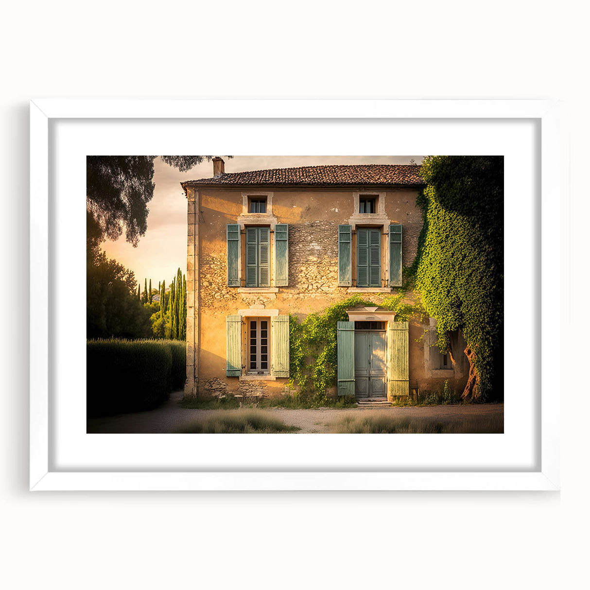 Textured abstract art print of a serene French landscape in muted earth tones, framed with a white mat.