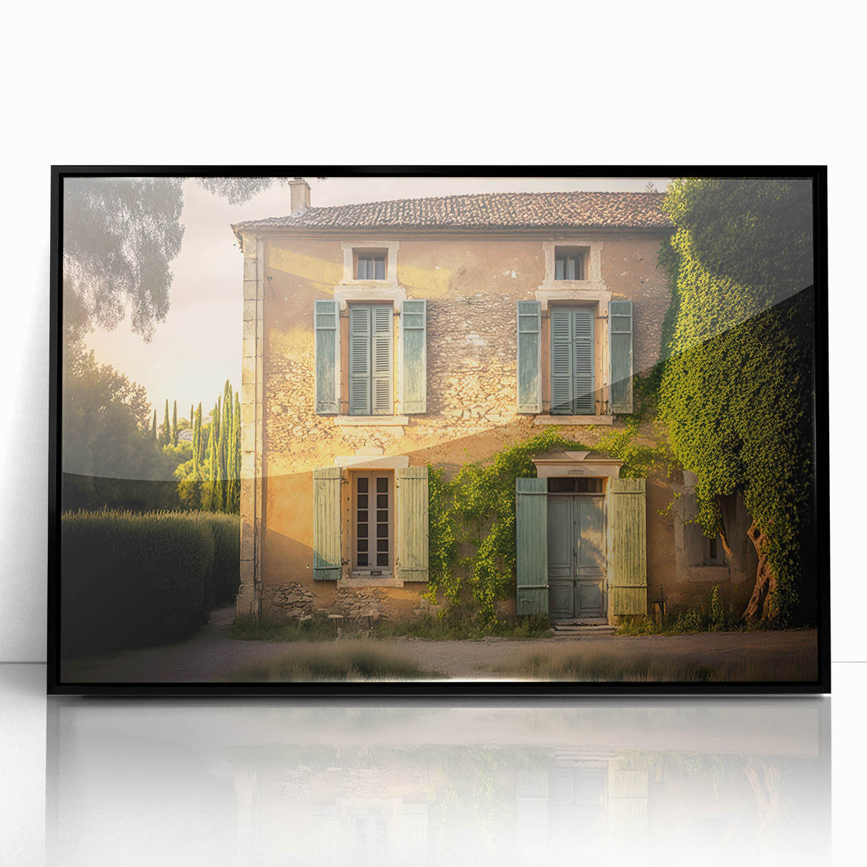 Large abstract wall art depicting a serene South France landscape in muted earth tones on a framed acrylic panel.